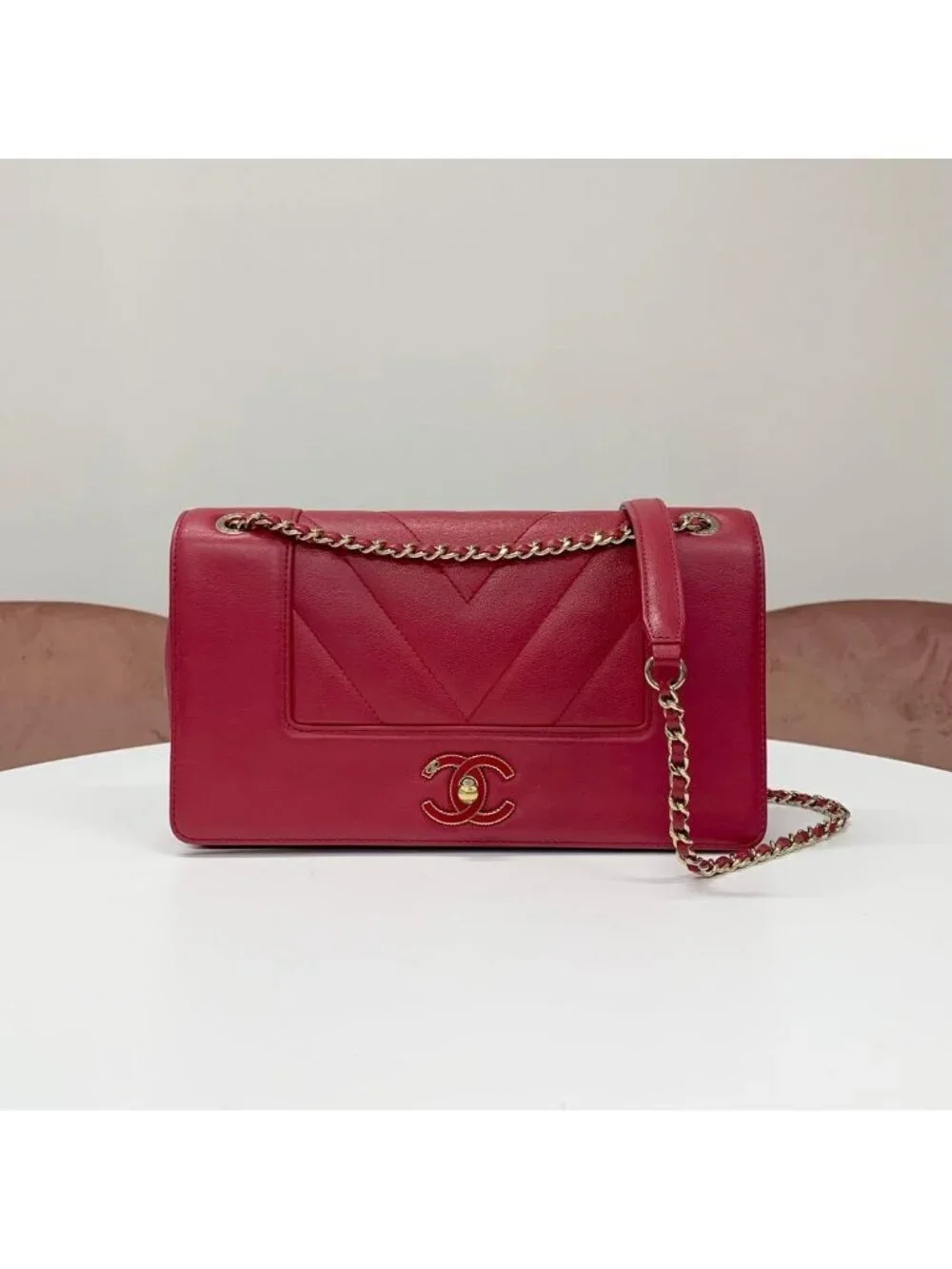 Chanel V Stitch Lambskin Turnlock Shoulder Bag